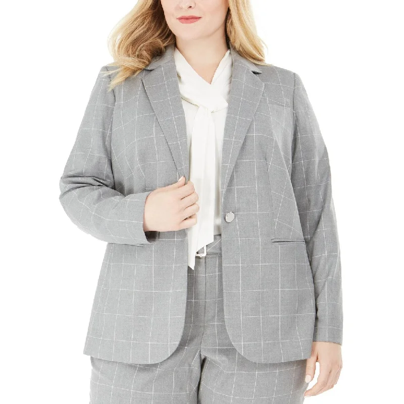 Calvin Klein Women's Plus Size Windowpane Print Single Button Blazer Gray 24W