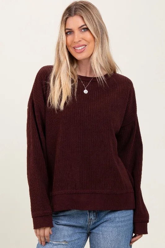 Burgundy Ribbed Brushed Knit Pullover Top