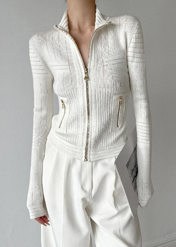 Chic White Stand Collar Zip Up Patchwork Woolen Knit Cardigans Winter