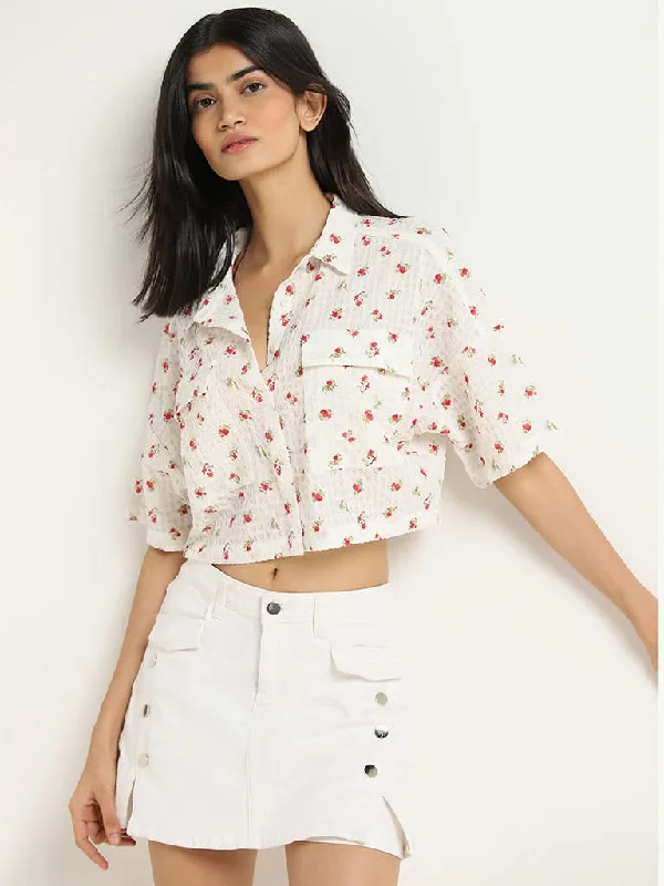 Nuon White Printed Crop Shirt