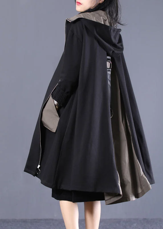 Boho Black Hooded Patchwork Cotton Coat Spring