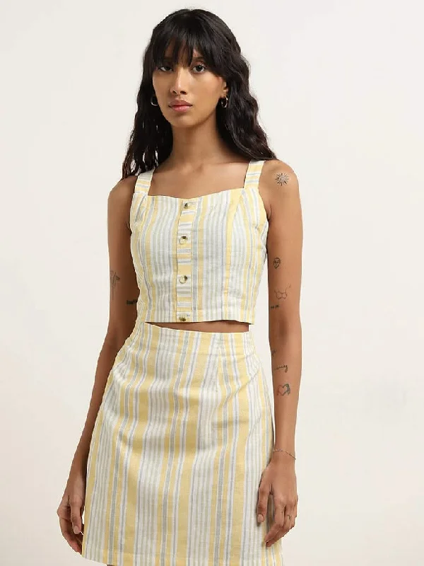 Bombay Paisley Yellow Stripe Printed Blended Linen Top