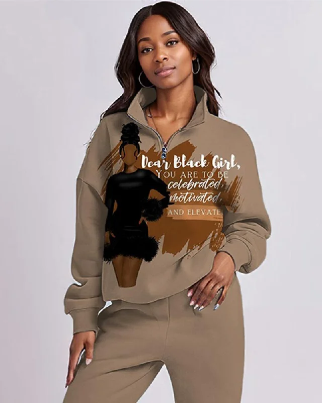 Dear Black Girl High Collar Zipper Long Sleeve Casual Sweatshirt