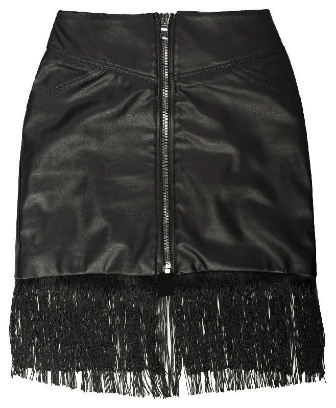 BLACK VEGAN LEATHER FRINGE MINI SKIRT