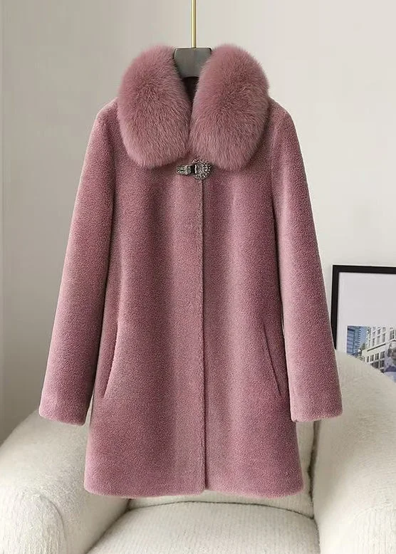 Loose Purple Fur Collar Button Woolen Coats Winter