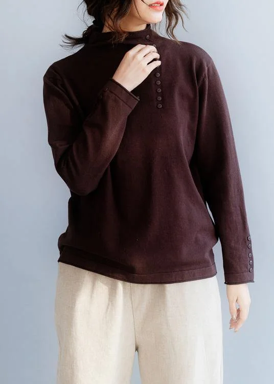 Cozy high neck chocolate knit tops oversize side open collar knit blouse