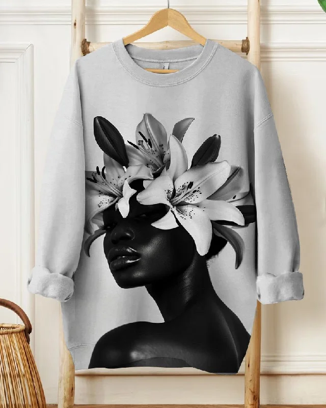 Black Woman Head with Flowers Art Print Long Sleeve Sweatshirt