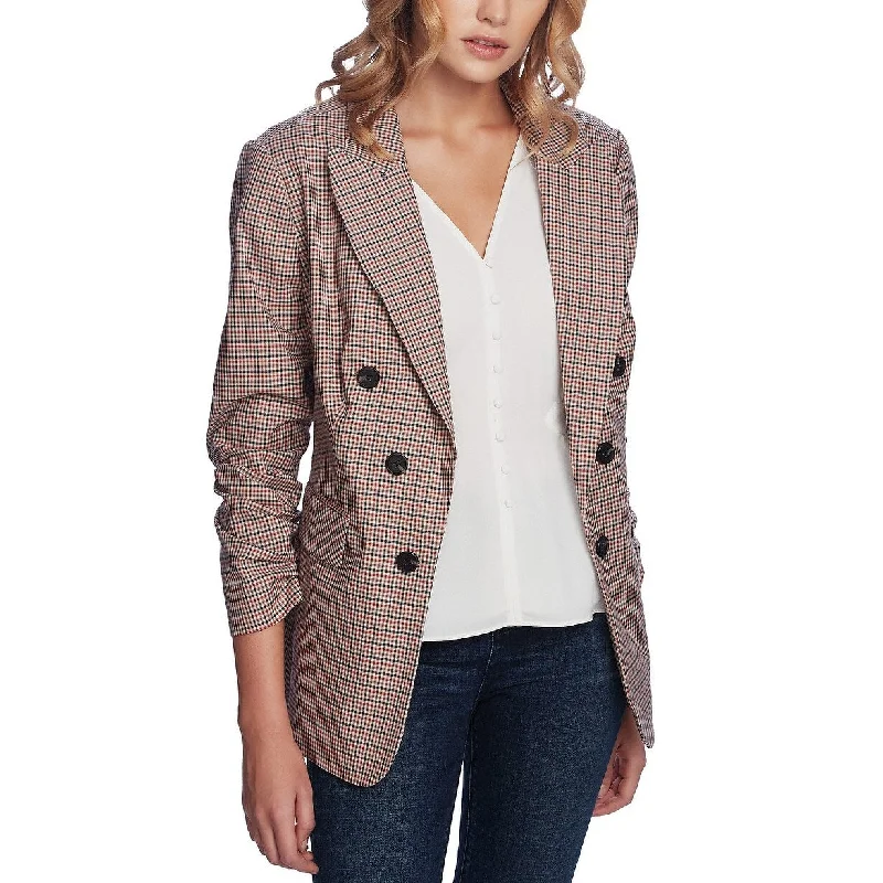 1.State Women's Minicheck Ruched Sleeve Blazer Brown Size Medium