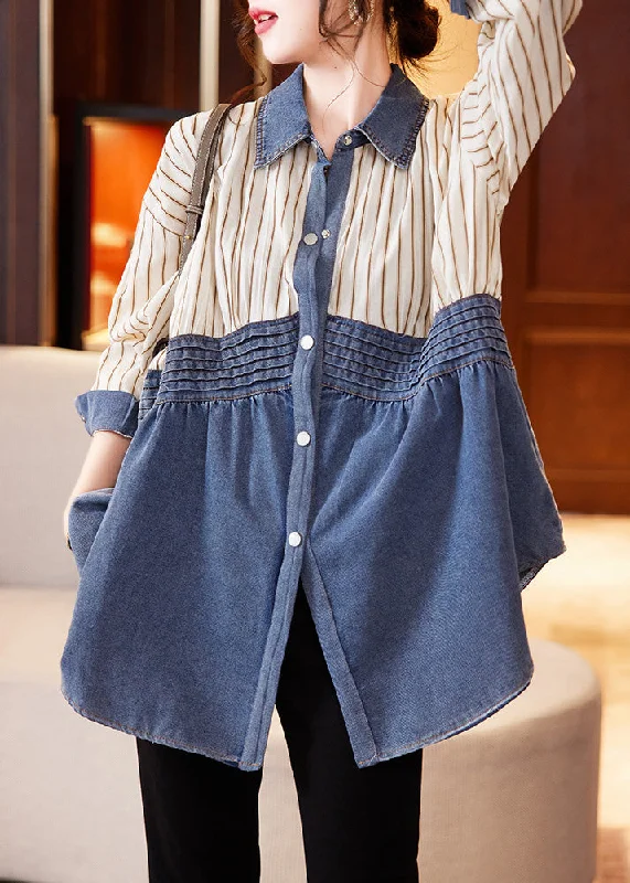 Beige Blue Striped Denim Patchwork Shirts Spring