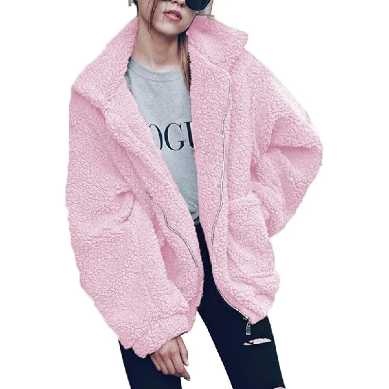 Women's Lapel Zip Up Faux Shearling Shaggy Coat Jacket