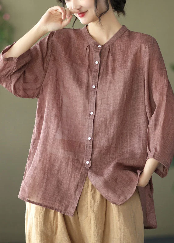 Chocolate Solid Patchwork Linen Shirt Top Wrinkled Bracelet Sleeve