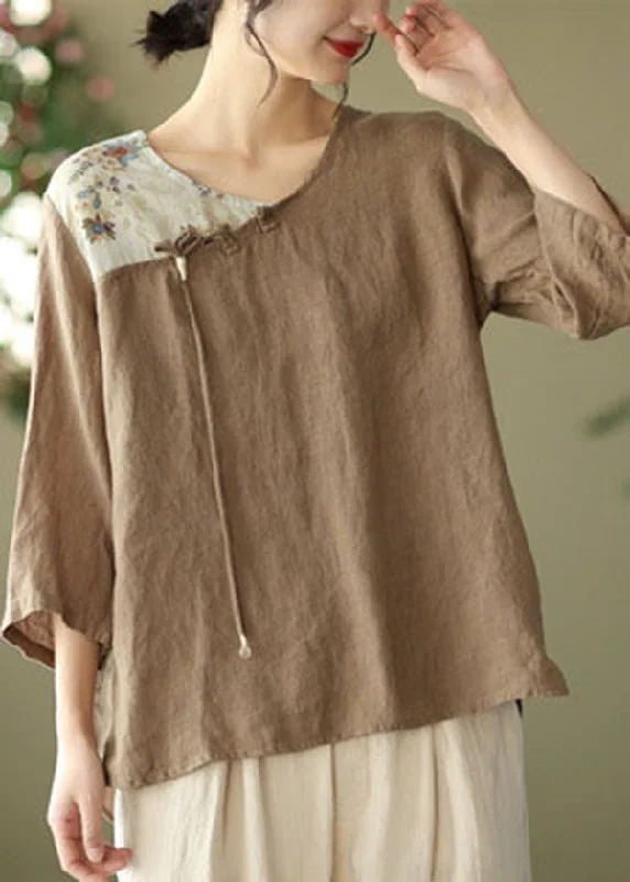 Chocolate Print Linen Shirt Tops Asymmetrical Tassel Bracelet Sleeve