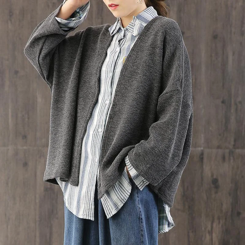 Comfy fall gray knitwear  plus size patchwork knitted pullover