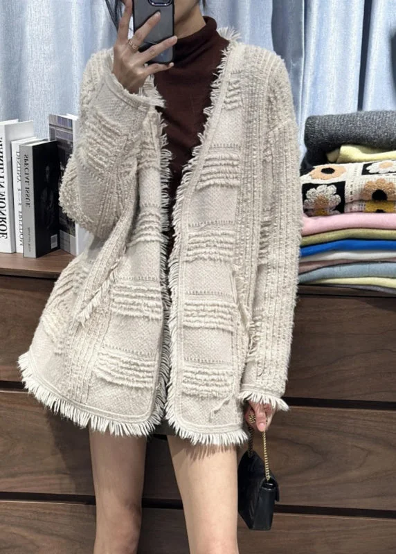 Classy Beige V Neck Tassel Woolen Loose Cardigans Fall