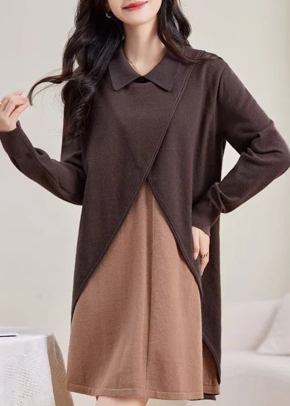 Loose Coffee Peter Pan Collar Patchwork Woolen Sweater Dress Winter