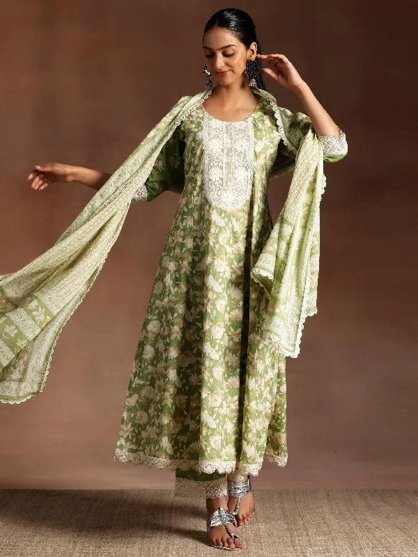 Green Printed Cotton A-Line Kurta With Trousers & Dupatta