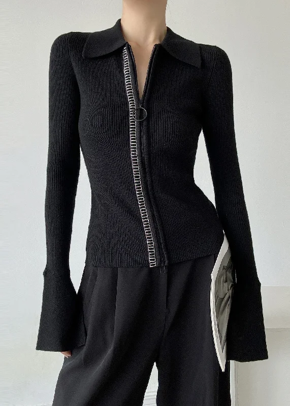 Italian Black Peter Pan Collar Zip Up Patchwork Woolen Sweaters Winter