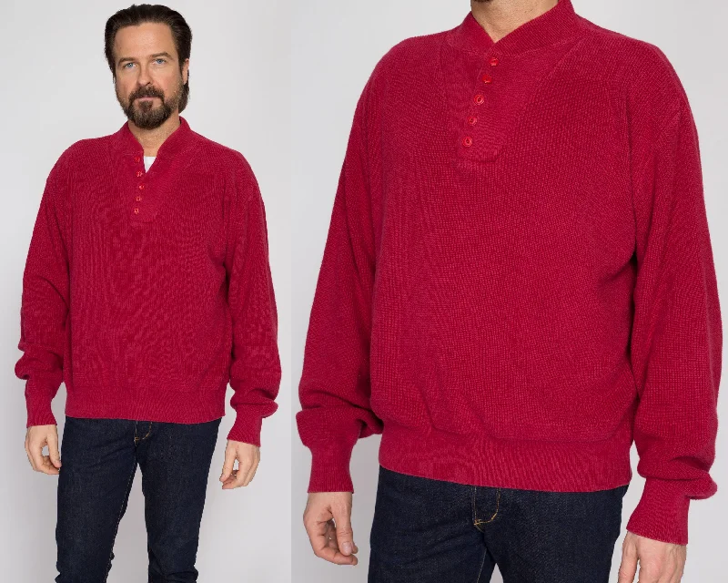 Large 80s L.L. Bean Red Knit Henley Sweater