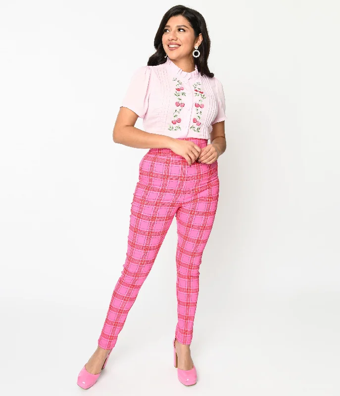 Unique Vintage Pink & Red Plaid High Waist Cigarette Pants