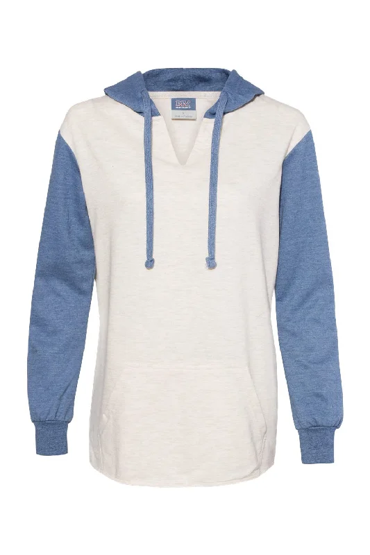 MV Sport Womens French Terry Colorblock Hooded Sweatshirt Hoodie w/ Pouch Pocket - Stonewashed Blue/Oatmeal