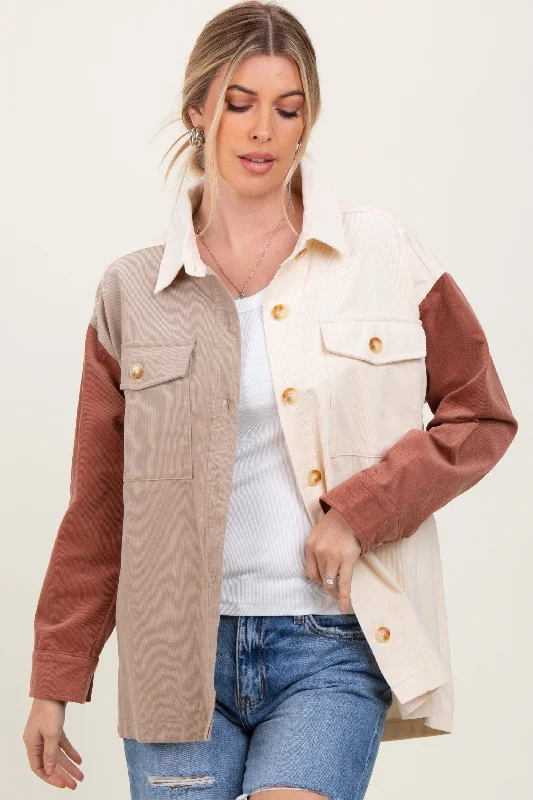 Ivory Corduroy Colorblock Oversized Shirt Jacket