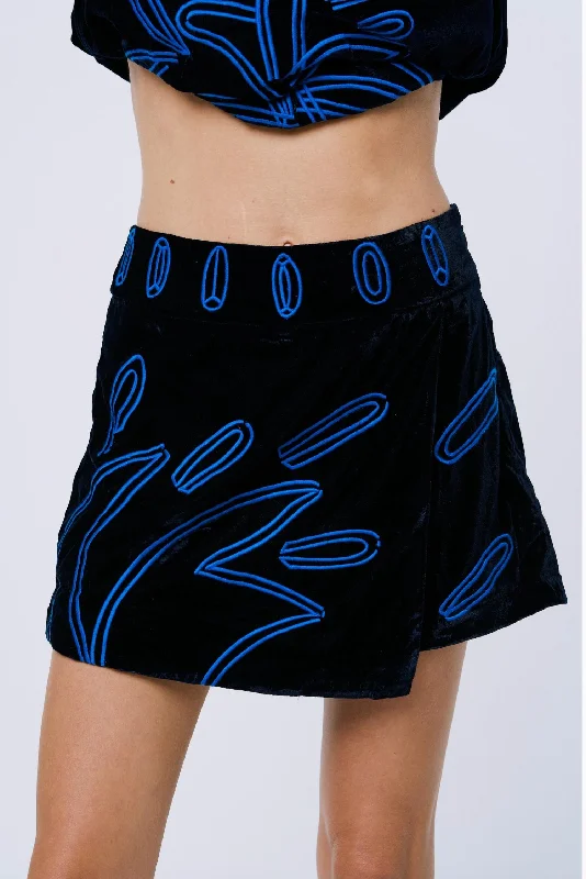 Rena Embroidered Velvet Skort In Navy