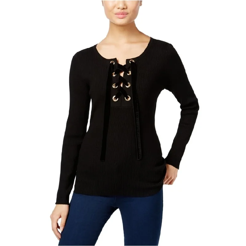 I-N-C Womens Lace-Up Pullover Sweater, Black, X-Small