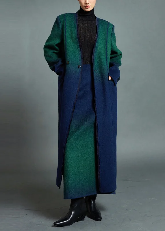 Boutique Blue Green Gradient V Neck Button Woolen Coats Winter