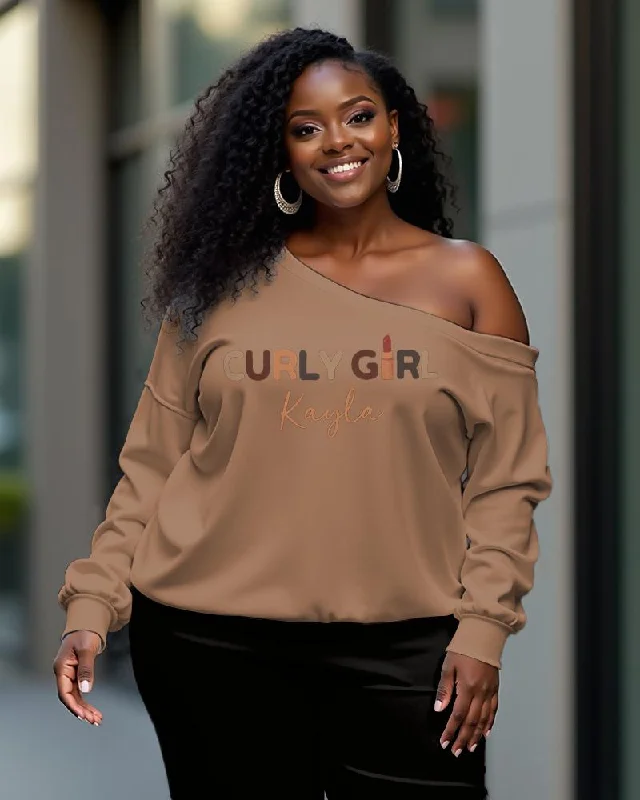 Curly Girl Long-Sleeved Off-Shoulder Sweatshirt