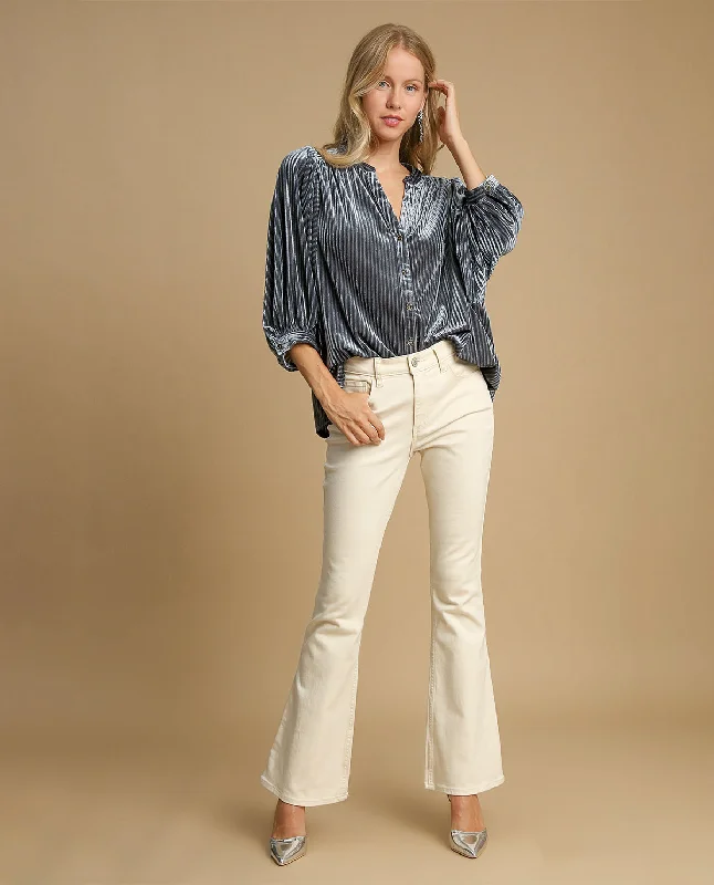 V-Notched Button-Down Pleated Top