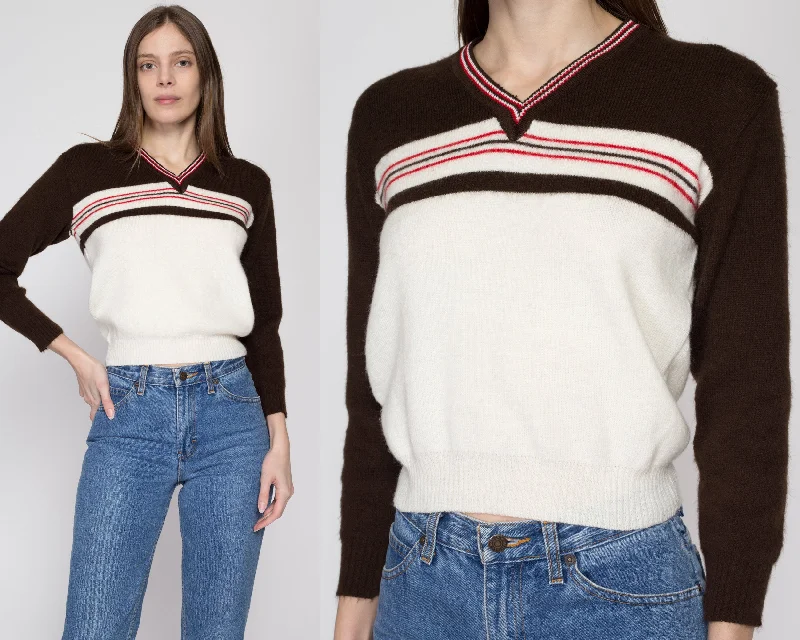 Small 70s Brown & White Striped Knit Cropped Sweater