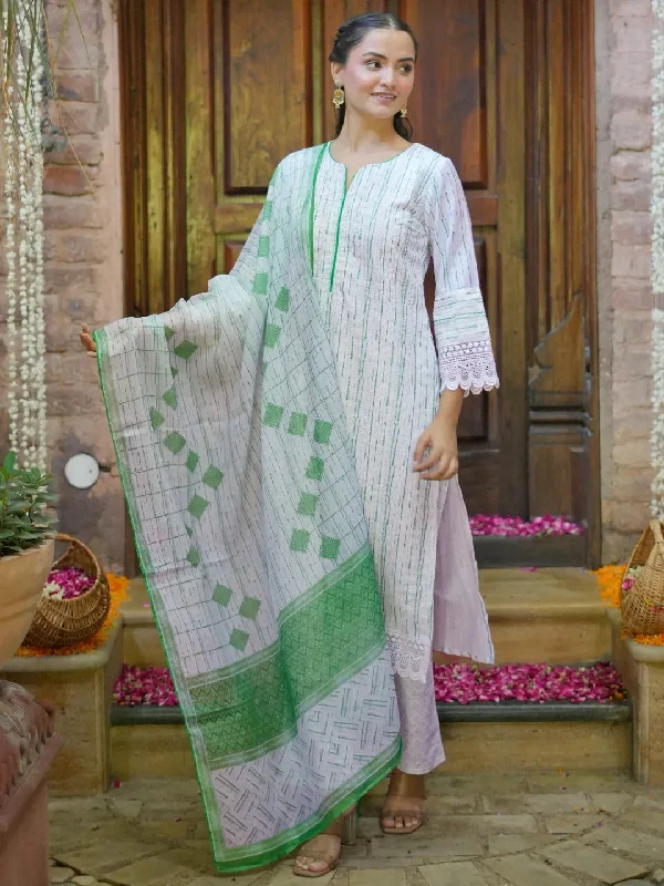 Off White Embroidered Cotton Blend Straight Suit With Dupatta