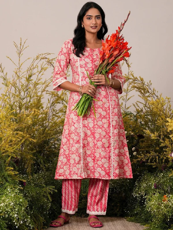 Peach Printed Silk Blend A-Line Kurta With Trousers