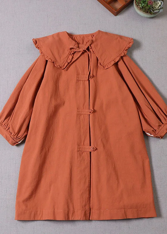 Women Orange Peter Pan Collar Button Cotton Winter Coat