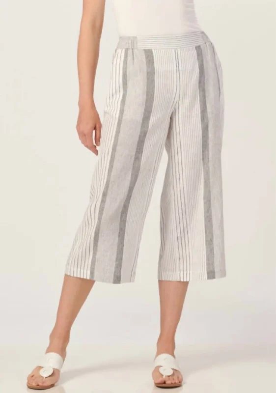 Linen Blend Striped Crop Pant In White