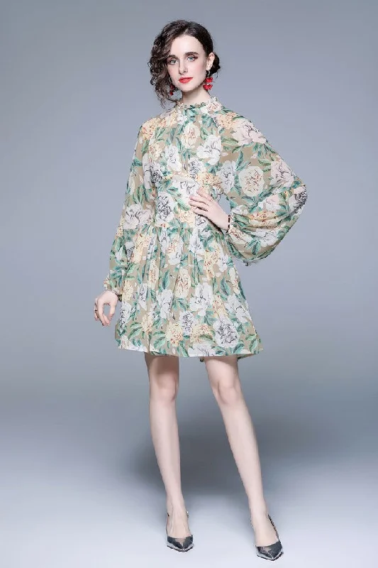 Pale green & Floral print Day A-line Long Sleeve Jewel Above Knee Dress