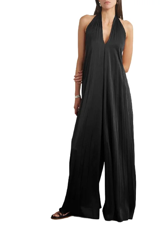 Rio Satin Pleated Jumpsuit In Black Satin